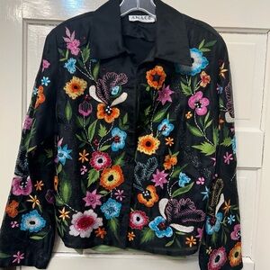 Anage Black Floral Embroidered Blazer 100% silk button up